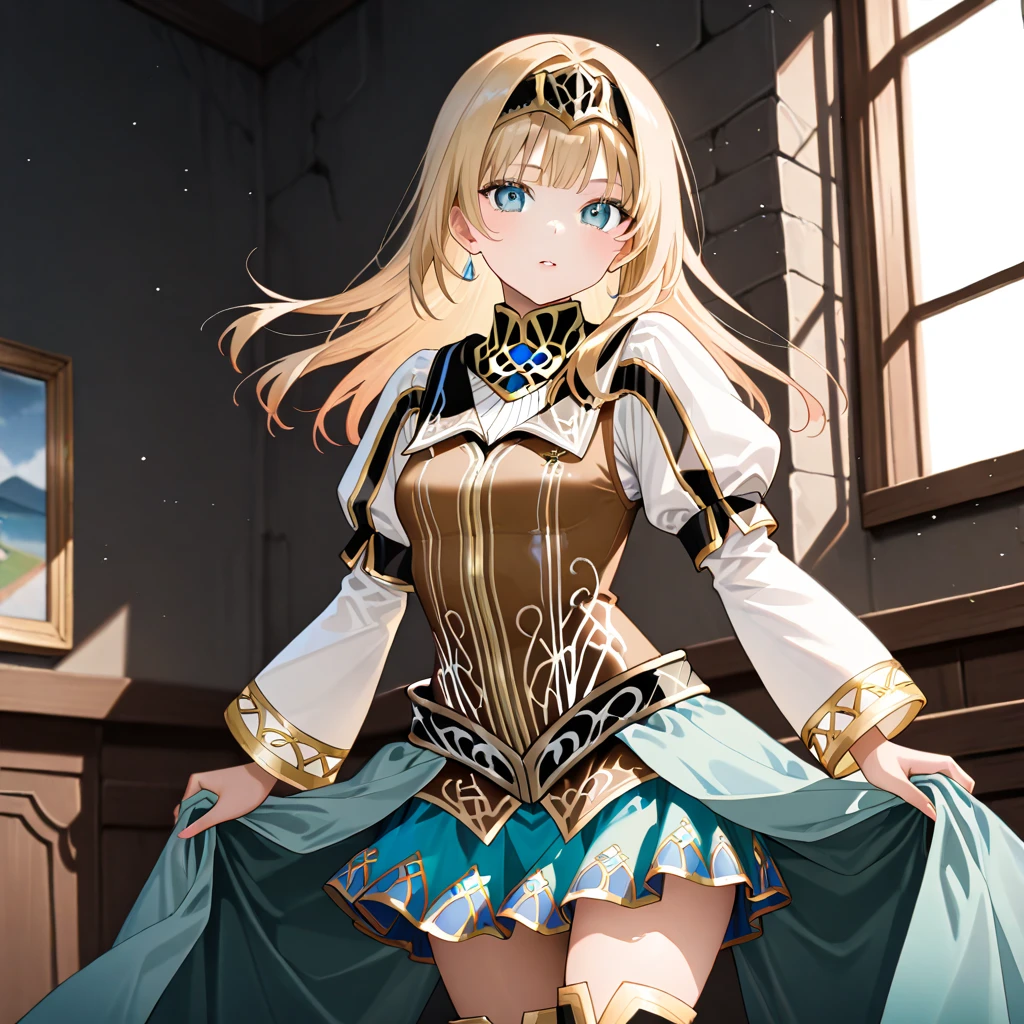 1 girl, masterpiece, beautiful, full hd, full body, full detailed, navia genshin impact, blonde, long hair, upskirt, exposed panties, open legs, indecency, standing