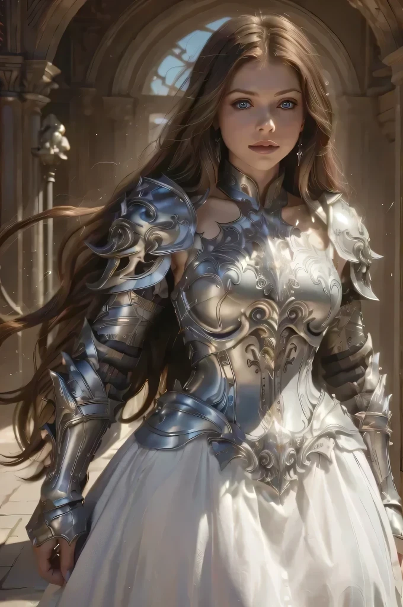 elegant female knight with a gigantic very detailed royal dress and heavy full armor, sharp-focus, very detailed Michelle Trachtenberg face, divine aura, very long smooth dark hair, light eyes, slim body, white royal gown, heavy armor robe, heavy silver armor, shiny full armor, armored belt, armored skirt, gigantic white skirt and very long hair floating in the wind, gateway to paradise in the background, dark fantasy, very detailed