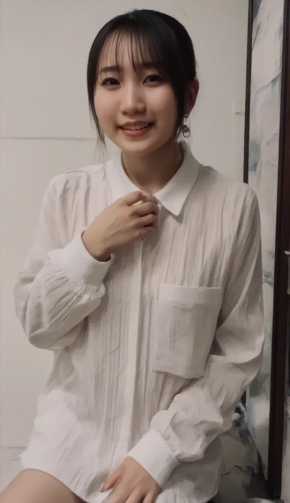 a closeup, masterpiece, top-quality, FULL ANATOMY、Raw foto, Photorealsitic、(Cute little face:1.8)、(Very cute smile:1.8)、(with round face:1.9)、(She has a cute face like an idol、double tooth:1.2), A dark-haired、depth of fields, hight resolution, ultra-detailliert, finely detail, ighly detailed, extremely detailed eye and face, Realistic pupils, foco nítido, Cinematic lighting、Big Bust、19-year-old woman、One lady、sexy pose、 bob cuts、Curly hair、Patsun bangs、Schoolgirl Uniform、Very detailed 8k wallpaper、Plaid pleated skirt、Show me your whole body、Plump panties、Cute white panties、White Sox、(Panties are visible from the skirt、Lift the hem of the skirt with both hands、Showing her panties to the camera)、is standing、Angle from below、(Thigh close-up)、Constriction、depth of fields、Bokeh in the background、without background
