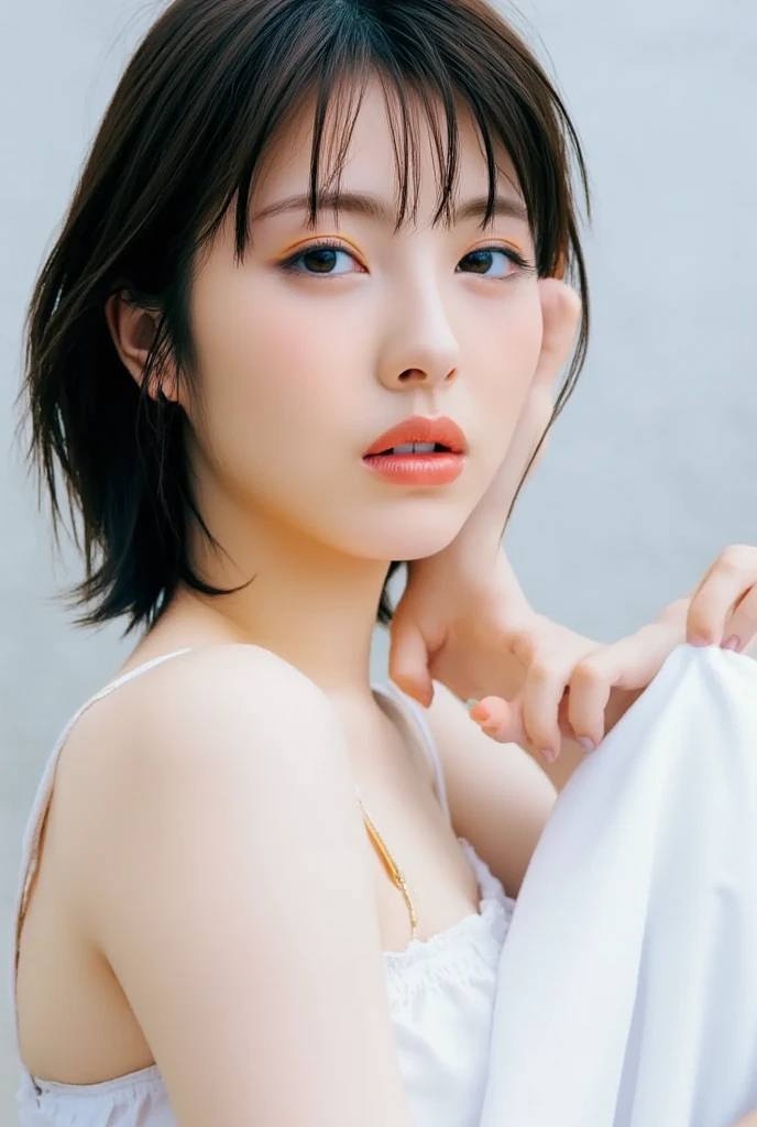 ((highest quality, 8K, Raw photo, masterpiece :1.3)), (realistic、Photoreal:1.37)、ultra high resolution, (professional lighting), 1 girl, alone,  Beautiful and dense face, shining eyes, brown eyes, double eyelid,eyelash,toned body shape,C cup, Fine and beautiful skin, skin texture,A woman is sitting in front of me with her knees on the floor..、look up at the camera、Reach out and grab the camera、The mouth is open and、、He has a troubled expression on his face..、 Japanese-style house、tatami,Japanese style room, Light of the sun, (NSFW,kneel down:1.3, arrival:1.3, open your mouth:1.3, shy), (brunette bob, brown hair), (clothing: white tank top, No bra,white hot pants ), (Floor seen from above:1.5) ,freckles