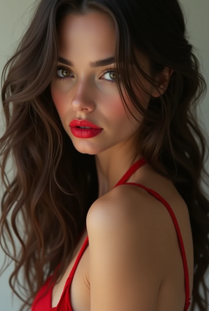 Create a 30 year old woman with long brown hair and red lipstick., Un influencer digital, in front of the camera, that this is naked