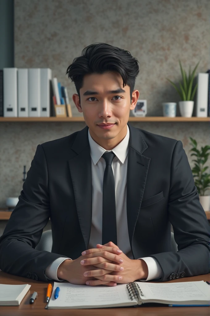 Handsome black-haired young man, gray eyes, dressed as a businessman smiling in disbelief sitting at his desk