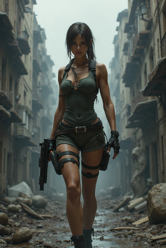 Lara Croft in sexy clothes in a zombie apocalypse 