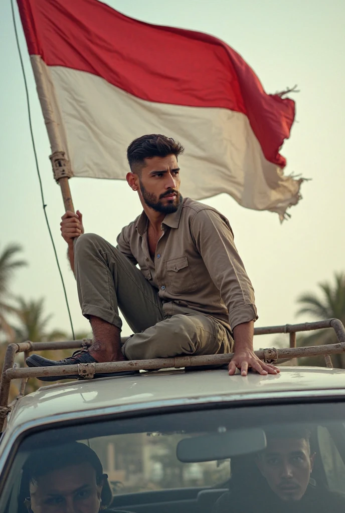 A young chin beard boy sits on a car holding a flag.