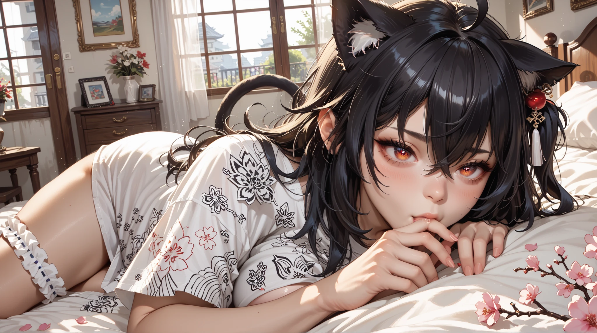 High resolution, of high quality, (( five fingers)) NSFW thick colorful outline, , junkotvvxl , red eyes, black hair, cat ears, blows, hair between eyes, long hair, , (Ahoge), straight bangs, hair between eyes,
, choke, one side up, campana de pelo, hololive,, cherry blossom print, diamond-shaped pupil , Ornaments, single thigh , bridal garter, room, a girl, big breasts, large areola slipping , lying in bed, pull-out shirt ,
