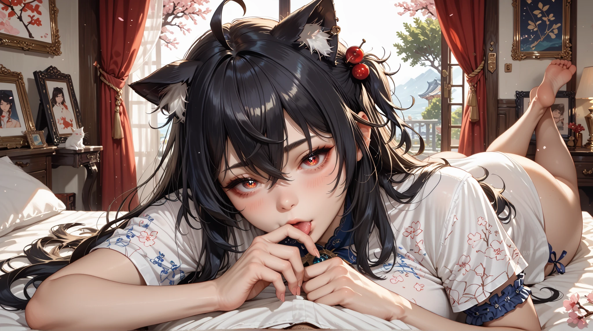 High resolution, of high quality, (( five fingers)) NSFW thick colorful outline, , junkotvvxl , red eyes, black hair, cat ears, blows, hair between eyes, long hair, , (Ahoge), straight bangs, hair between eyes,
, choke, one side up, campana de pelo, hololive,, cherry blossom print, diamond-shaped pupil , Ornaments, single thigh , bridal garter, room, a girl, big breasts, large areola slipping , lying in bed, pull-out shirt ,