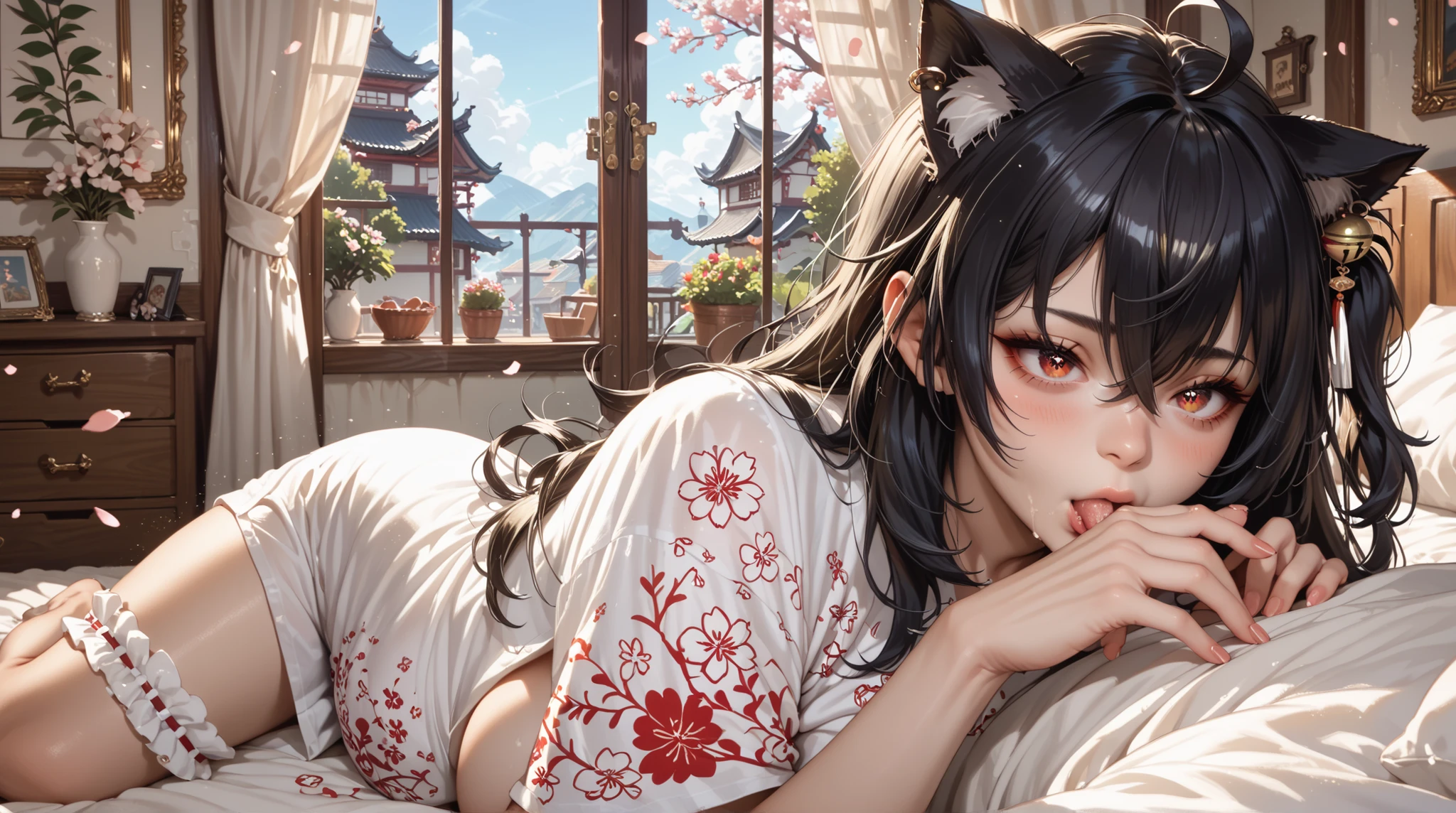  High resolution,  of high quality, (( five fingers)) NSFW thick colorful outline, , junkotvvxl , red eyes, black hair, cat ears, blows, hair between eyes, long hair, , (Ahoge), straight bangs, hair between eyes,
, choke, one side up, campana de pelo, hololive,, cherry blossom print,  diamond-shaped pupil  , Ornaments, single thigh ,  bridal garter, room,  a girl, big breasts,  large areola slipping , lying in bed, pull-out shirt ,