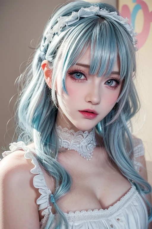 She has cat ears and a cat tail her nose was like a cat's nose she had deer like horns she's wearing a flower crown her skin is this light blue color and she had a pointy elf ears