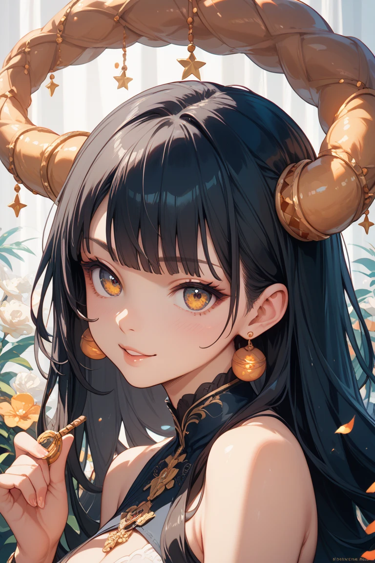 masterpiece, high quality, dragon girl, green skin, brown horns, long tail, hairy tip on tail, long black hair, black holes in shoulders, pink pupils, Tender smile, a white blouse, Long blue skirt, Brown boots, black sclera