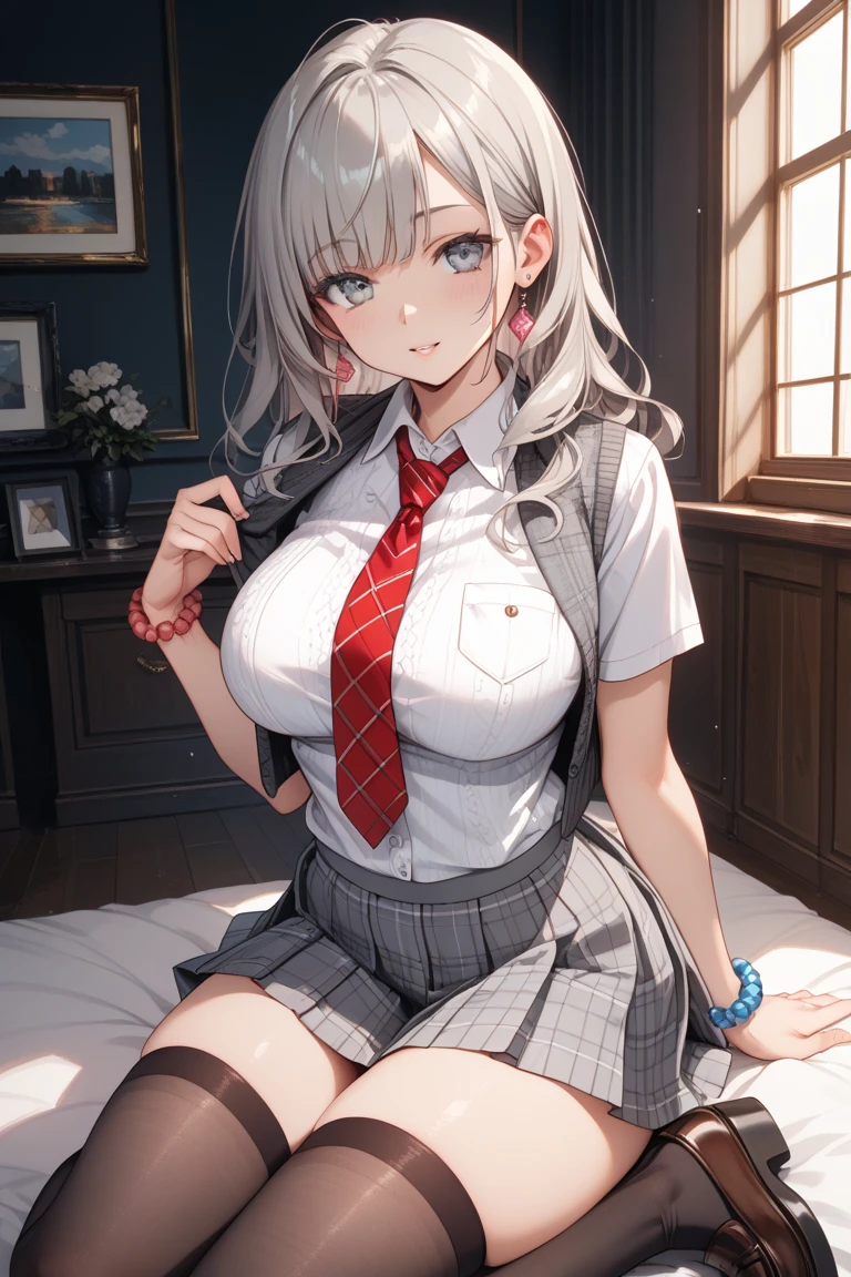(masutepiece: 1.2, Best Quality), 1 Lady, Solo, School uniform, crass room, day, sit, silber hair, long, Red Eyes, Open the collarbone, Dark skin, (opened breast: 1.1),elvish、a choker,Silver Accessories,Futomo