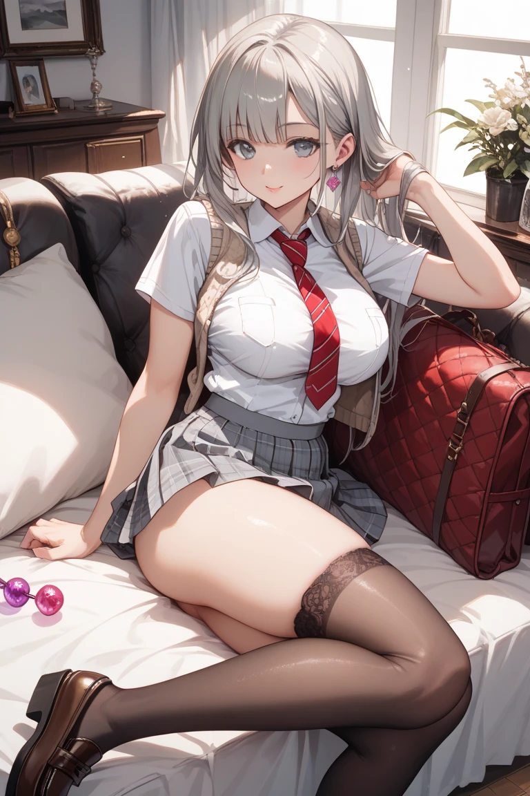 (8K, Best Quality, Masterpiece:1.3)), Ultra High Resolution, (1 Girl, 1 Person), (Color Changing Eyes, Super Detailed, Expressive Sparkle, Sparkling, Glowing Eyes), Highly Detailed Eyes, Highly Detailed Face, Random Hair, (Silver Gray Color), "Woman Wearing an Open-necked Blazer". The background is the school nurse's office, lined with beds and curtains. It is after school, and the soft light from the window warmly illuminates the entire nurse's office. The woman is captured at an angle that emphasizes her upper body, and her silver hair is tied in a side ponytail.
She is wearing a dark blue blazer with a wide open neckline. The V-shaped cut of the blazer emphasizes her chest, and underneath you can see a cute white and pink striped bra. The bra has small ribbon and lace details, and the fabric of the blazer fits her body. The skirt of the uniform is above the knees, and the front of the blazer appears to be slightly open.
She is smiling shyly, blushing a little. Her figure blends in with the tranquil atmosphere of the nurse's office, and the lighting in the background adds a soft glow to the whole image.