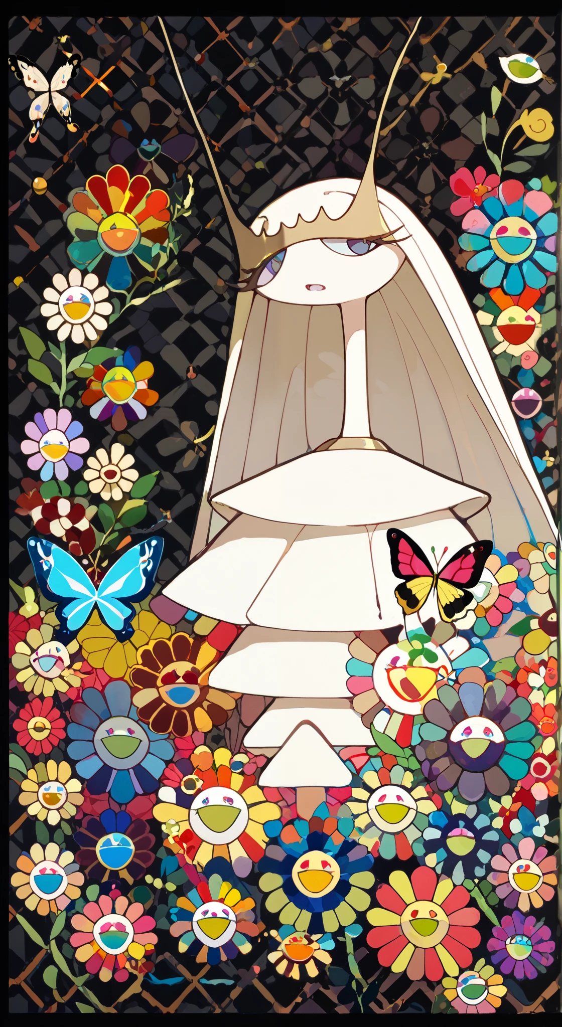 (Colorful butterflies with gorgeous ornaments and flowers on black background), (pheromosa:1.0),(harmony of butterfly), Butterfly, intricate digital painting, (mechanical butterfly), highly intricate and colorful, dark but detailed digital art, Highly detailed symmetry, detailed digital artwork, Symmetrical intricate details, plethora of colors,colorful intricate masterpiece,(Sticker style:1.5),(Geometric pattern background:1.5),frontage、Sticker style,((over view)),(portrait),