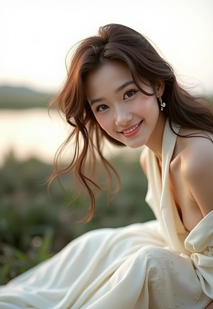 ((Realistic light、top-quality、8K、masterpiece:1.3))、21-year-old Japan girl、small moles under eyes、A smile、closed her eyes、A small mole on the chest、Beautiful woman with slender body shape:1.4、abdominals:1.1、japanes、pale-skinned、(Floating wavy silk brown hair、hair floatingin the wind、small tits:1)、(Very small bust)、Off-the-shoulder shirts:1.2、Long sleeves wet in the wind、 is standing、hyperdetailed face、A detailed eye、二重まぶた、shinny skin、cowboy shot