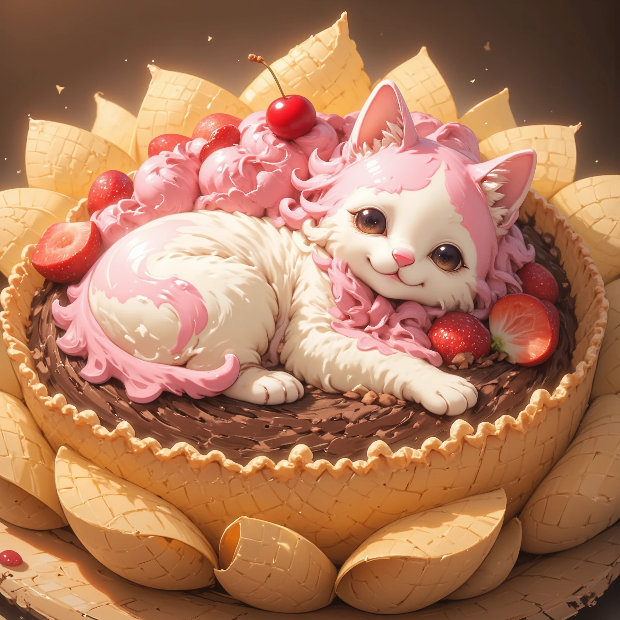 It depicts a scene in which a kitten appears in the most adorable way. His little body, soft and fluffy, is made not of fur, but of ice cream with the finest taste. The thick and creamy aroma of vanilla forms the undercoat, and curls of chocolate and strawberries flow over its body, creating a mesmerizing pattern. This edible cat has a cherry on its head, and its shiny skin contrasts with the icy sweetness underneath. There is a bed under this frozen kitten, but not just a bed. The bed made of waffle cones is a masterpiece of taste and comfort, the perfect cradle for an ice cream kitten. Each cone, baked until golden brown, is laid out in such a way as to emphasize the shape of the kitten, creating a cozy crispy nest. A kitten sleeping peacefully, curled up, is the centerpiece of this edible fantasy. His eyes, closed in serene peace, are dark chocolate in color, contrasting vividly with the pale tenderness of his face. There is a whimsical calmness in this scene, a mixture of warmth and coolness, fleeting joy from dessert and constant homely comfort. Every element, from the texture of the ice cream to the aroma of the waffle cone, is conveyed with such clarity that you can almost taste the adventure. This is a world where dessert merges with dreams, a paradise of sweetness and sleep.