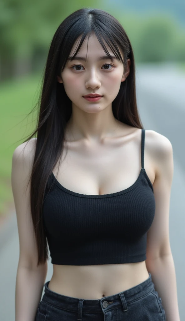 (Highest quality, 8K, 32k, masterpiece, Ultra-high resolution:1.2), Cute Japanese Girl, (Huge breasts:1.0), Long black hair, bangs,
(Tight tank top), Tight waist, (Outdoor, Main Street, blue sky),Upper body close-up、Shorts、