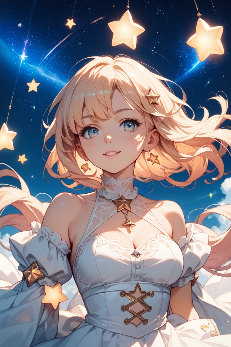 masterpiece, highres, photorealistic, best quality, 8k, wallpaper, best quality, ultra-detailed, perfect lighting, cinematic lighting, warm light, adult, mature, female, 1girl, solo, <lora:CHAR-Rosalina:1>, rosalina, space, galaxy, black sky, stars, (shooting stars:1.2), moon, comet, blue dress, bare shoulders, smile, upper body, cleavage, small breasts, milky way,