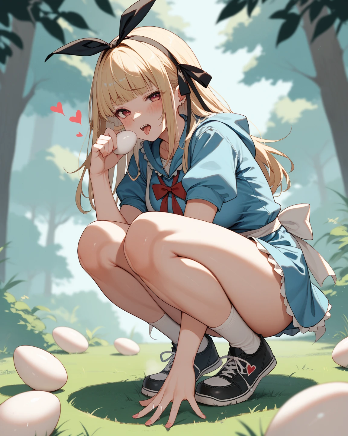 masterpiece, best quality, highres, blue eyes, serene \(pokemon\), 1girl, solo, thighs, long hair, hat, jewelry, bracelet, black thighs, collared shirt, pleated skirt, red skirt, sleeveless, high waist skirt, sleeveless shirt, eyelashes, pink hat, black shirt, glasses on head, upper body, field, smile, closed mouth, kneeling, buttocks touching her heels,  From behind position, Looking over the shoulder, Skirt raised, Showing underwear, Panties, Tight panties, Red panties, blush, On grass. With his back to the viewer.
