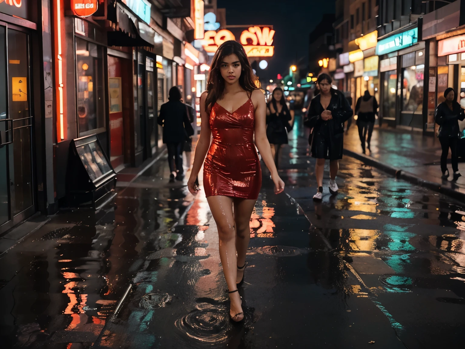 (1 girl), girl runs, girl escapes, (only girls: 1.3), Girl in a long red evening dress, the wind lifts her dress showing her perfect ass. Beautiful face, mobile phone in hand. She runs through the streets of New York. garbage containers around. City landscape. Beautiful perfect face. Eyes closed, mouth slightly open, smooth skin, real pores, front view, best quality, fine details, {{masterpiece, best quality, extremely detailed CG, unity 8k wallpaper, cinematic lighting, lens flare }}. ((extreme detail)), (ultra detailed), best quality, ultra high resolution, (8k, RAW photo, masterpiece, realistic, photorealistic:1.4), 8k uhd, dslr, absurd, ray tracing, high quality texture , intricate details, detailed texture, finely detailed. Spectacular dark lights, night lighting