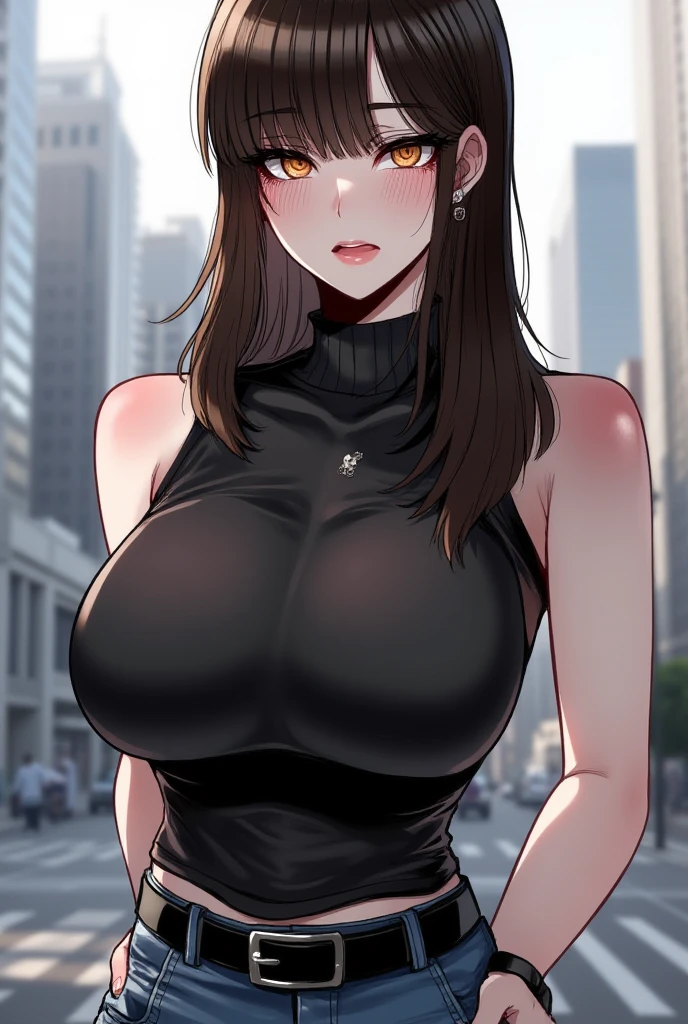 (Uhd, Masterpiece, Textured Skin, Super Detail, High Details, High Quality, Best Quality), Detailed Face, 1woman, mature pretty woman, ((wide hips, thick thighs, huge breasts)), ((Long Black hair tied:1.5, Hair over the eye:1.5)), ((Agent clothing), (Pants), (Huge body), Prison