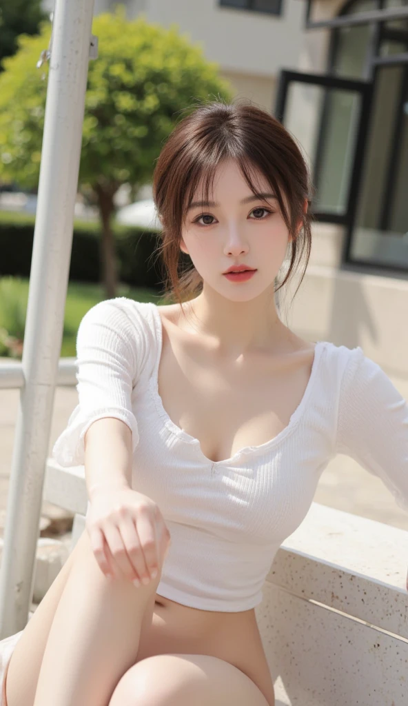 25 years Old woman, shirt, cleavage, beauty face, thin, Updo hair style, small breast
