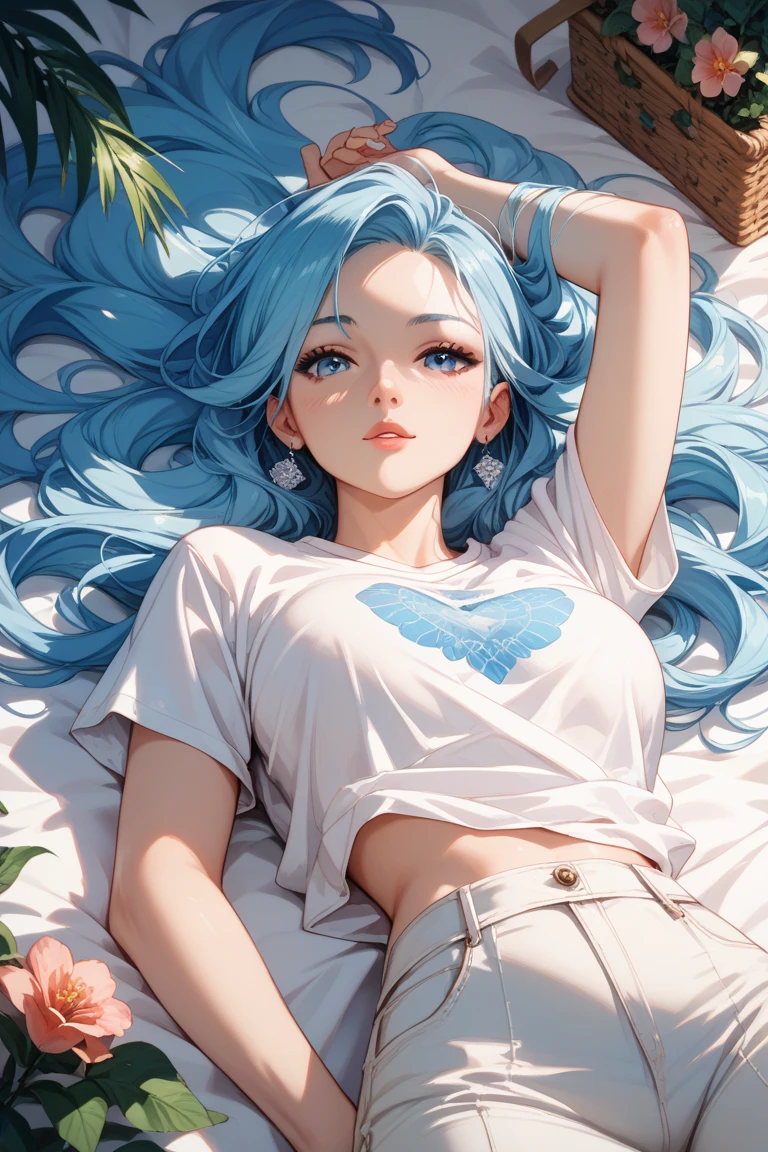 8K,gal,an extremely delicate and beautiful,Beautiful and realistic skin,Shiny jewel-like earrings,Long colorful hair,beautiful eyes,full body,head to toe,beautiful regs,skinny pants,tank top