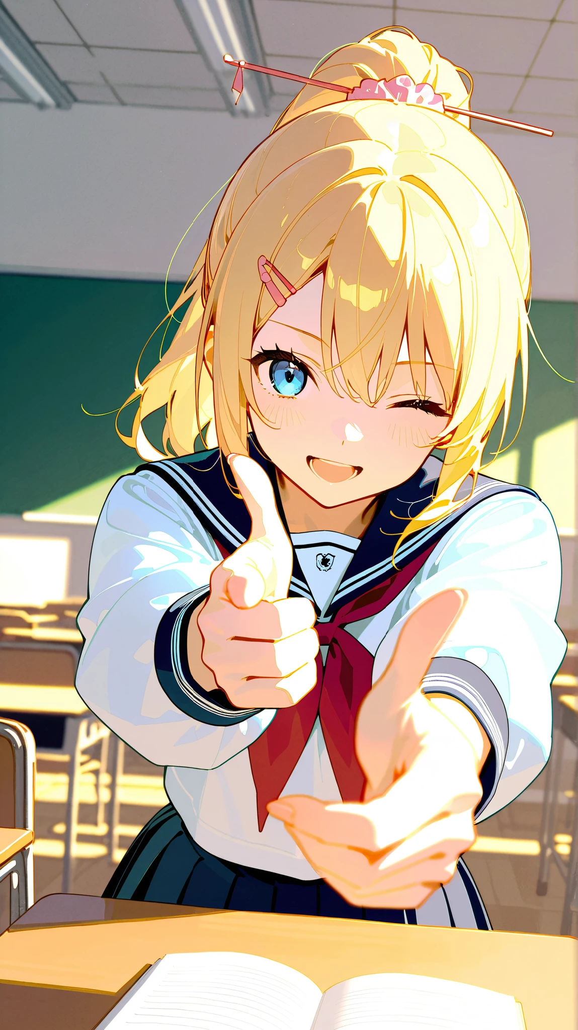 Anime girl pointing at camera in classroom with open book - SeaArt AI