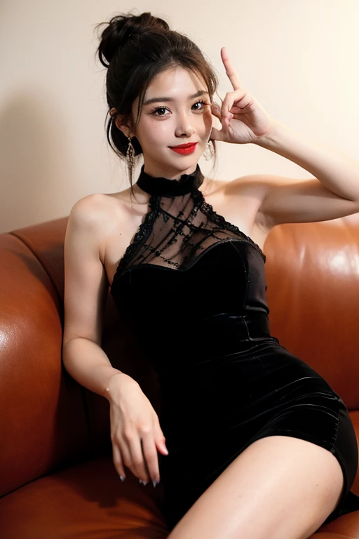 Highest quality、masterpiece、8k、Very detailed、Realistic、One girl、Looking at me with a smile、Black Hair、Short Hair、Small face、Slender、Big Breasts、Thin and beautiful legs、narrow and constricted waist,