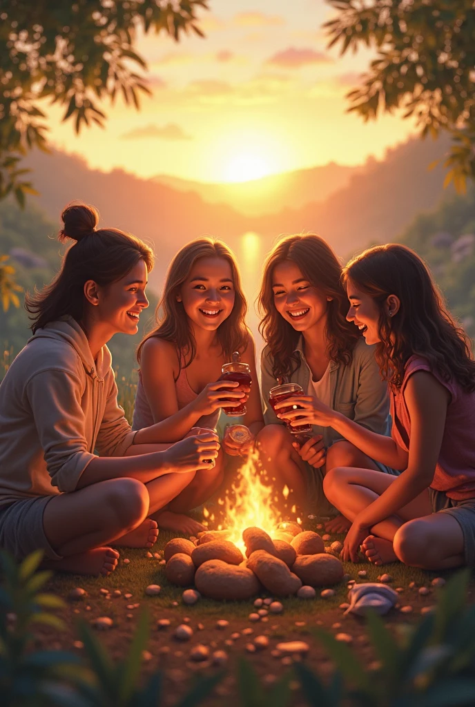 two bengali girl cigaratte beer and chicken grill in table beside wood camp fire in a forest