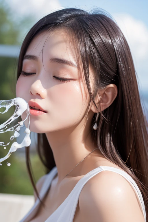 (Highest quality, 4K, 8k, High resolution, masterpiece:1.2), Very detailed, (Realistic, photoRealistic, photo-Realistic:1.37)、smile、black halter sleeveless、(((Bukkake)))、parted lips,