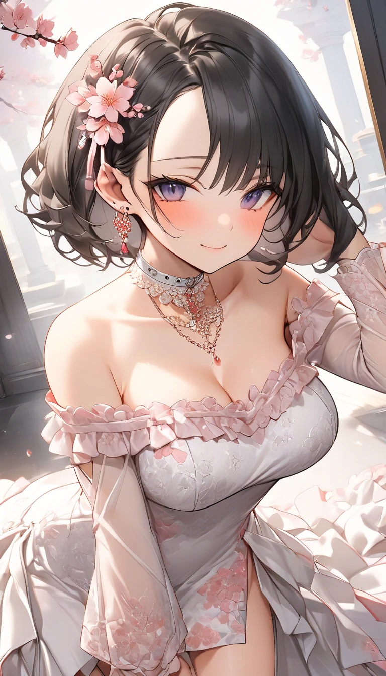 (((masterpiece))),((Highest quality)),one woman,30-year-old woman,Beautiful girl, bangs、Translucent white skin, Sparkling sweat, (Adorable dress with detailed ruffles:1.3)、Japanese girl、 Beautiful digital artwork, Beautiful fantasy art, dynamic sexy poses, A kind smile, A gentle gaze, {A mysterious aura},Big Breasts