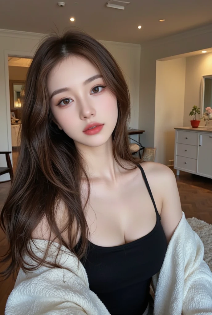 (Best quality, high resolution, masterpiece: 1.3), a tall and beautiful woman, slender abs, ((Dark Dark Hair In Loose Wavy Styling)) ((Long Red Hair In Big Waves)) breasts, wearing a pendant, white buttoned shirt, belt, black Res Veigna, (background is an interior modern bed), face and skin texture in beautifully presented details, detailed eyes, double eyelids