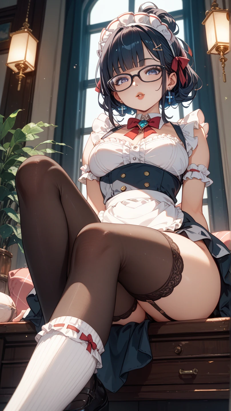Masterpiece、Highest quality、Highest quality, (long and thin legs, shoes:1.2), squat、Spread your legs with both hands、1 girl, (smile、Open your mouth大笑い:1.2), Cute eyes, (Detailed face:1.3)、Open your mouth, The whole face turns red, alone, Oversized breasts, Big and ample breasts, (Straight bangs, ponytail), White maid outfit、(Bust only super micro bikini:1.2)、Side bust、Underbust、belly button、Walking the mansion's corridors、nsfw、shoes下