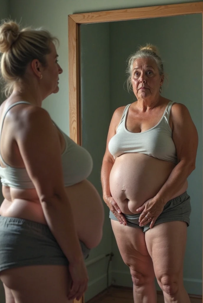 create an image of a fat woman, standing in front of the mirror and seeing that you can't lose weight . The style is a realistic photograph taken in daylight using a 35mm lens in 4k, super detailed, with direct beta illumination and contrast application --ar 9:16