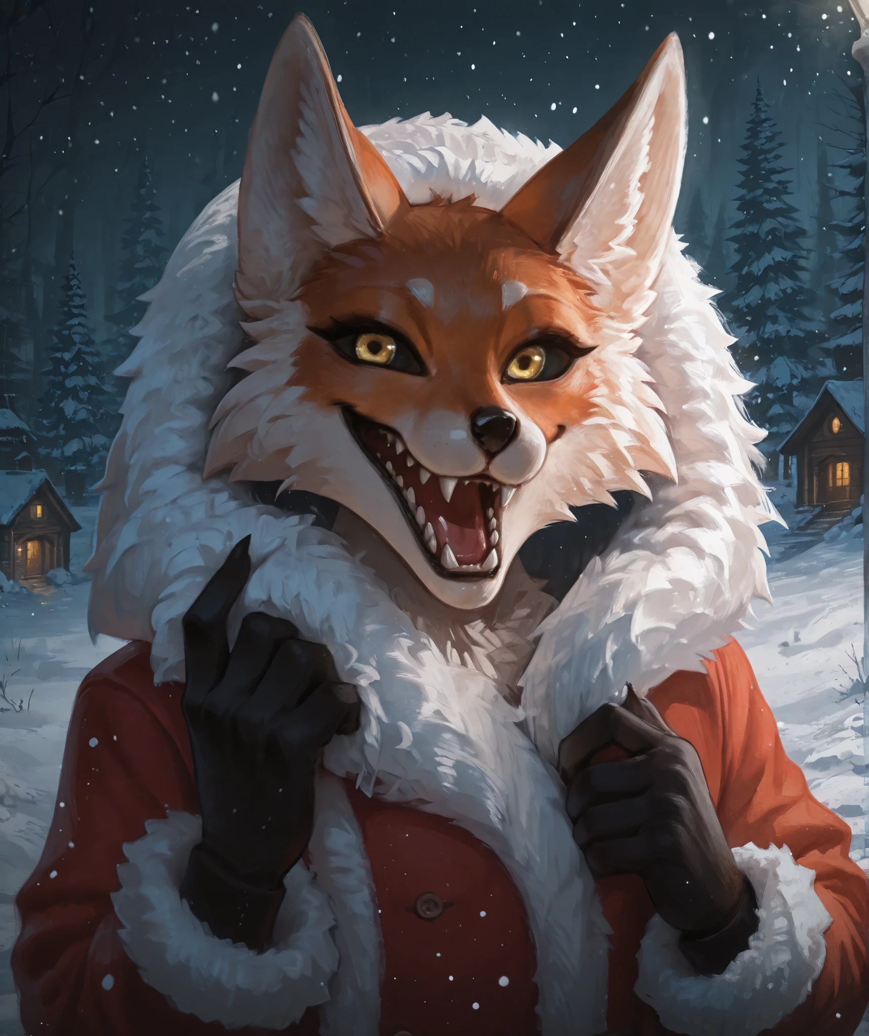 eastnik_anime, detailed background, Night, darkness, snow forest, Christmas trees, Village, Dark Road, backlight pole, lighting, fluffy персонаж, anthropomorphic fox, orange fur, Alice_The_Vixen, One, looks at the viewer, open mouth, 1 boy, glove belt, animal ears, Upper body, yellow eyes, male focus , teeth, language, hood, language out, grey background, coat, fur trim , fox ears, fangs, sharp teeth, fluffy, hood up, stained sclera, It's snowing, fluffy male, black sclera , body fur, white fur , fur-trimmed coat, sleeves with fur trim, red coat, yellow sclera,