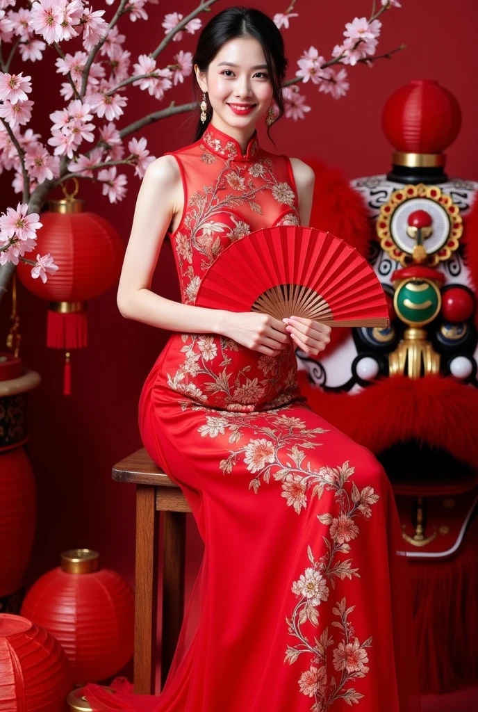 A young girl,Very detailed CG unity 8k wallpaper,(杰作),(best qualitiy),(Ultra detailded),(ultra realistis),Wearing a crystal headdress on a water-patterned bead curtain,wearing a red cheongsam,The clothes are fluttering,The waist-hip part ratio is 0.8,Beautiful and decent,Paired with the charm of Chinese architecture in the background,It looks particularly calm and dignified。