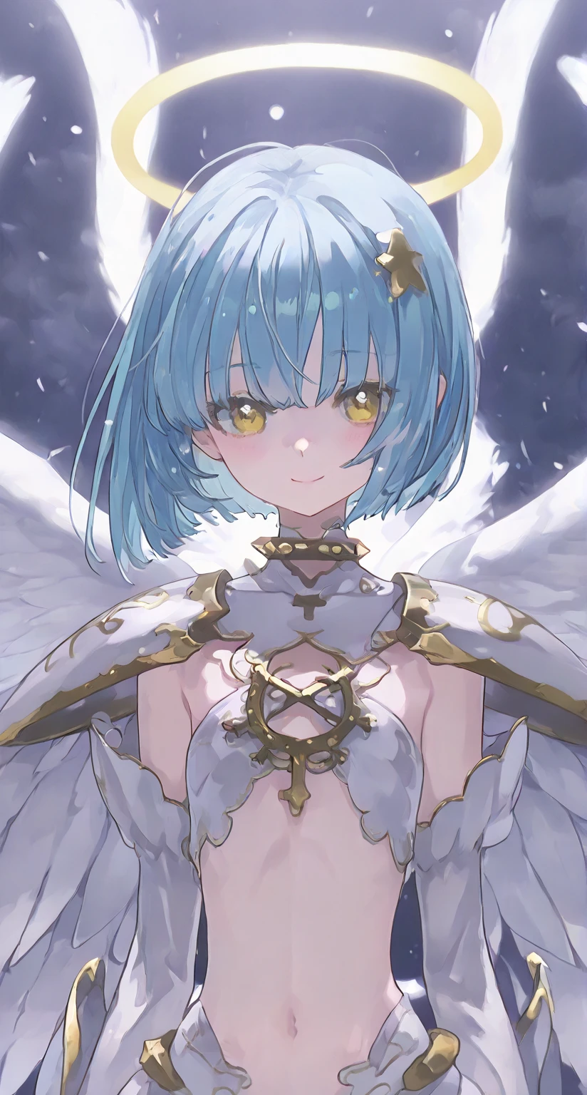 ((1girl)), stone blue hair, short hair, ((HAIR OVER LEFT EYE)), (small ahoge), elf ears, angel wings, (pink eyes), high quality, dim, dramatic lighting, focus on face, ((looking away from the viewer)), serious expression, dark atmosphere, (fisheye), (blood on cheek), injuries