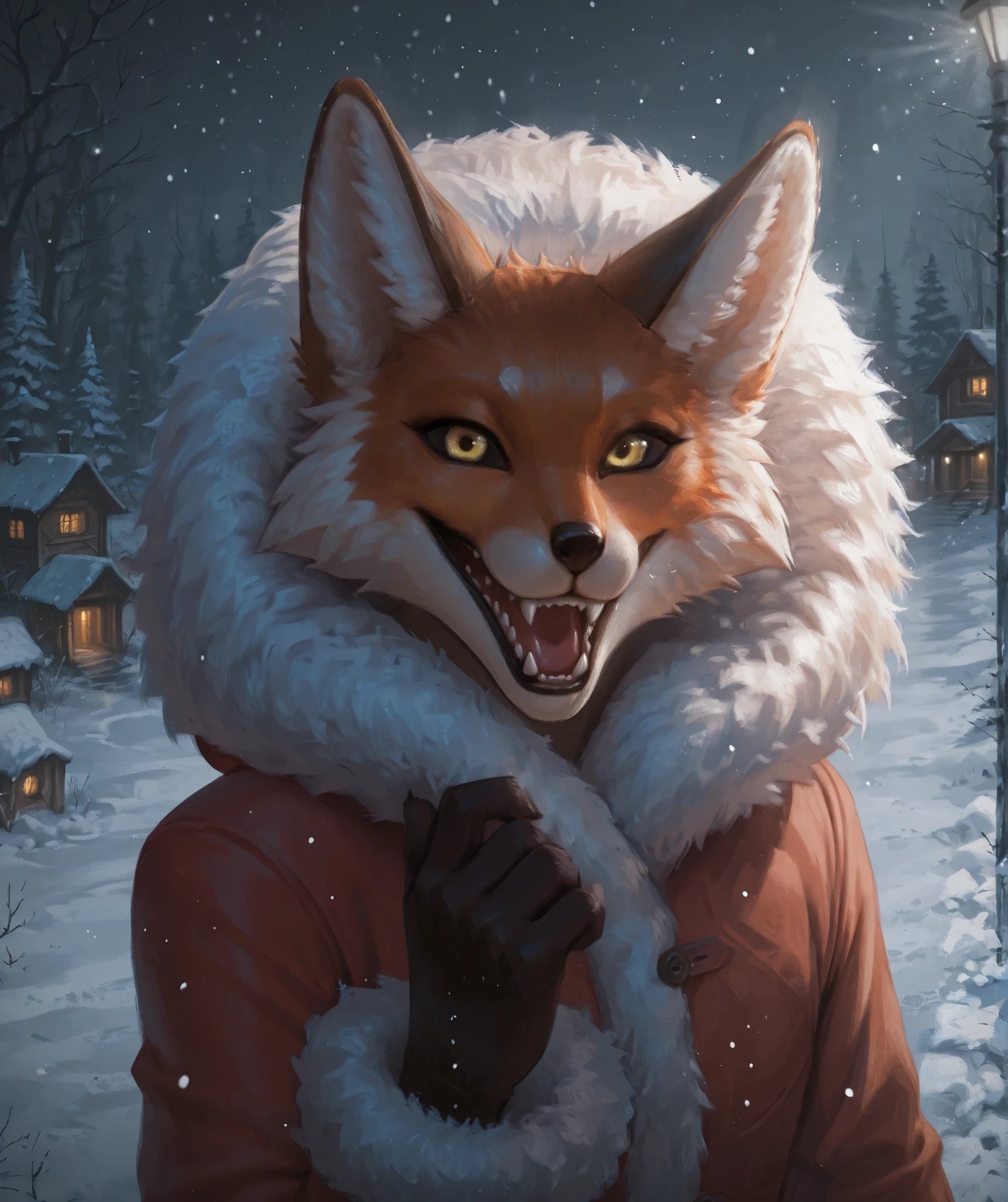  eastnik_anime, detailed background, Night, darkness, snow forest, Christmas trees, Village, Dark Road,  backlight pole, lighting, fluffy персонаж, anthropomorphic fox, orange fur, Alice_The_Vixen, One, looks at the viewer, open mouth, 1 boy,  glove belt, animal ears, Upper body,  yellow eyes,  male focus , teeth, language, hood, language out, grey background, coat,  fur trim , fox ears, fangs, sharp teeth, fluffy, hood up, stained sclera, It's snowing, fluffy male, black sclera , body fur,  white fur , fur-trimmed coat,  sleeves with fur trim, red coat, yellow sclera, 