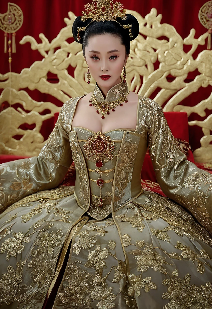 From the time before the Qing Dynasty, the Empress is seen naked on a golden sofa in her palace, her eyes wide open, her legs spread apart, her breasts large and bare. In the Chinese court of the Qing Dynasty, the Qing Empress, a Chinese Empress, with a large crown, is shown with her belly and thighs visible from below.。She is completely naked, showing off her gorgeous large flowers and hairpins, her hair tied up and pulled up, and the background is the luxurious palace of the Qing Dynasty empress.