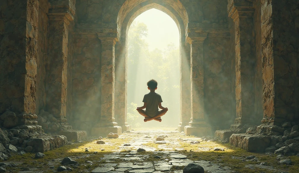 a jedi 14years boy, with white monk pants, shirtless, light brown short hair and ice blue eyes, toned body, Abandoned jedi temple as a backdrop, frontal, meditating, smooth body, levitating from the ground, 4k, high realism,
