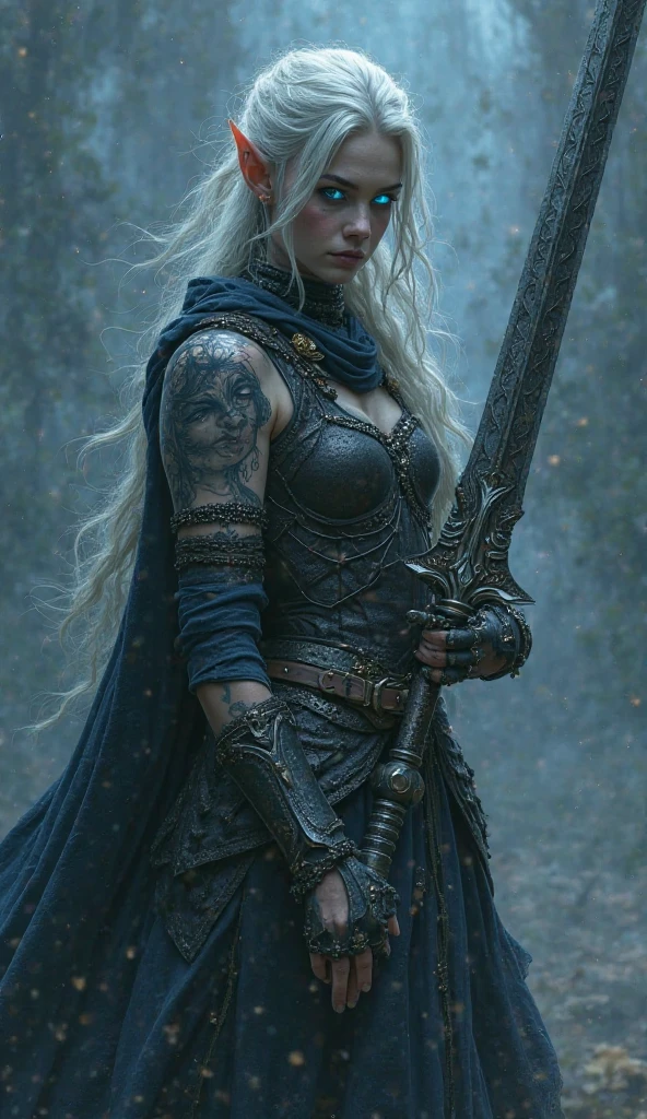 A full-body of a female warrior with elven features, holding a large ...
