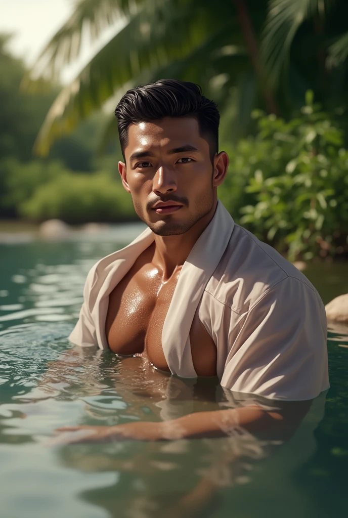 A 40-year-old Japanese man wearing white fit rugby shorts sitting and relaxing in a hot spring with his legs spread apart Gachimuchi stocky chubby thick short beard very short hair Topless open-air bath