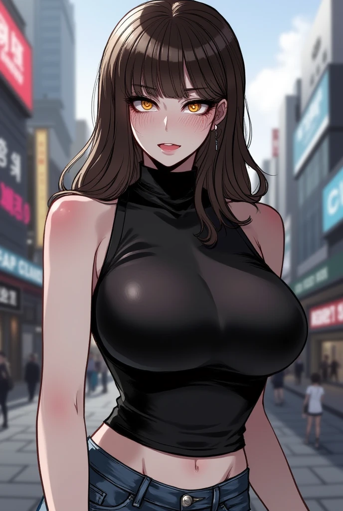 a woman, (realistic), (hyperrealism), (photorealistic), depth of field, eye makeup:0.5, (upper body:1.2), (narrow waist:0.7), looking at the viewer, casual outfit, at the city streets, topless