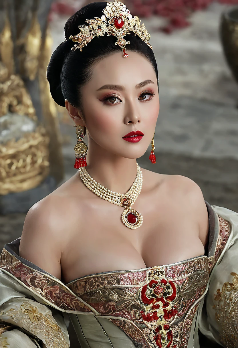((Realistic lighting, Masterpiece: 1.3)), (raw photo:1.2), Hyperrealist portrait gorgeous Beautiful tribal Chinese leader, 40 years old, Milf, beautiful serious face, wrinkled face, beautiful detailed charming eyes, (big breasts:1.1), hand hold a fan, tribal loin cloth, tribal jewelry, native american attire, tribal palace background, legendary style, full body, sit on a chair, professional photography, font view, very detailed faces, (red lips, natural makeup: 1.5), Best quality, 8K