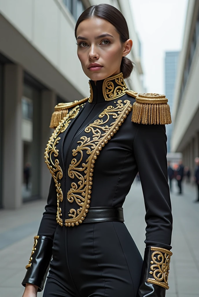 tr4j3, medium closeup, from front, fit b3linda_n0texist woman, makeup, detailed face, ponytail, wearing blue and gold traje de luces, white buttoned collar shirt, black tie, walking down the street, small waist <lora:tr4j3_v3:1> <lora:add_detail:1> <lora:ClothingAdjuster3:-0.5>