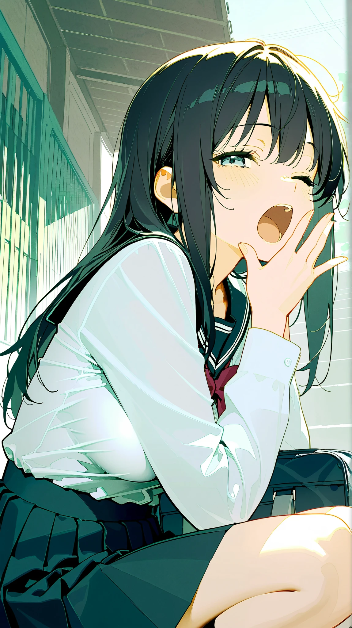 Anime girl sitting on the ground with her hand on her face - SeaArt AI