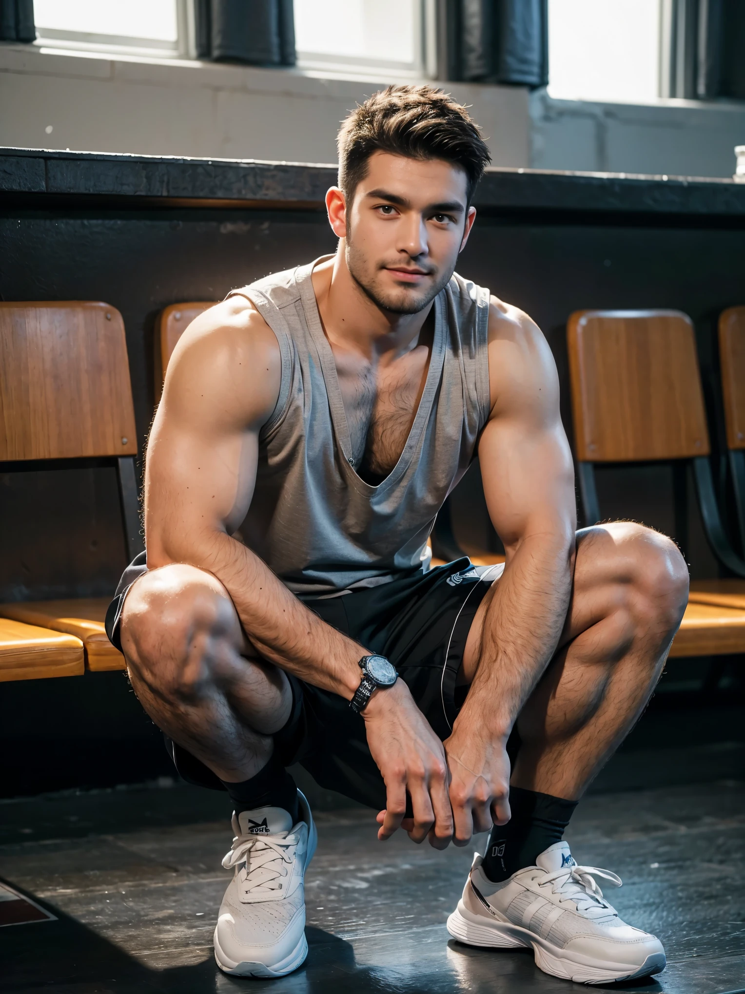 smile, short hair, black hair, brown hair, black hair, sitting, male focus, multiple , shoes, shorts, arms, wristband, sneakers, sportswear, bench, basketball, basketball uniformanother, chest hair, , navel hair, leg hair, armpit hair, hairy, (Chest hair:1.8) ! High detail 8K)! ((Realistically)), ! 186 cm! 70 kilograms! Popular clips! ( High-detail 8k ((realistically)), Exposed chest muscle and chest hair!, best quality, bright lighting, focus, theater! 35 years old, hairy breasts, thick hair Adam Dario Kier screenshot, Reddit, photo realism, gray hair!real photos!Thick moustache!(Chest hair:1.5)Real photos!
