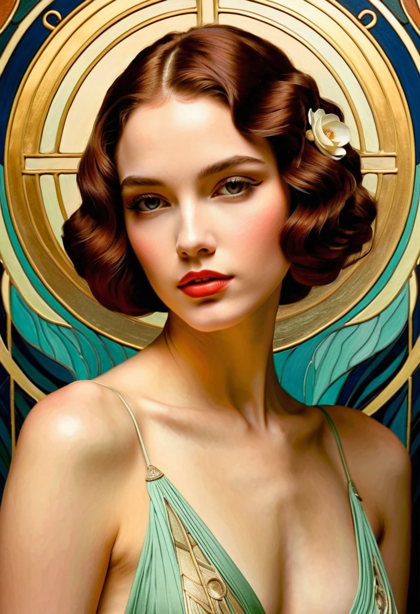 Depicts a beautiful woman with flowers in her hair, (Audrey Hepburn:1.1), Highly detailed watercolor painting, The style of Alfons Maria Mucha and Gustav Kirmut, Art Nouveau accents, Fairy Princess, Anthropomorphic woman, Female figure, Detailed cover artwork, As the Flower Goddess, Alphonse Mucha, Gustav Klimt, Pale skin, Marble sculpture, society, Gothic art, Art Nouveau, Behance Contest Winner