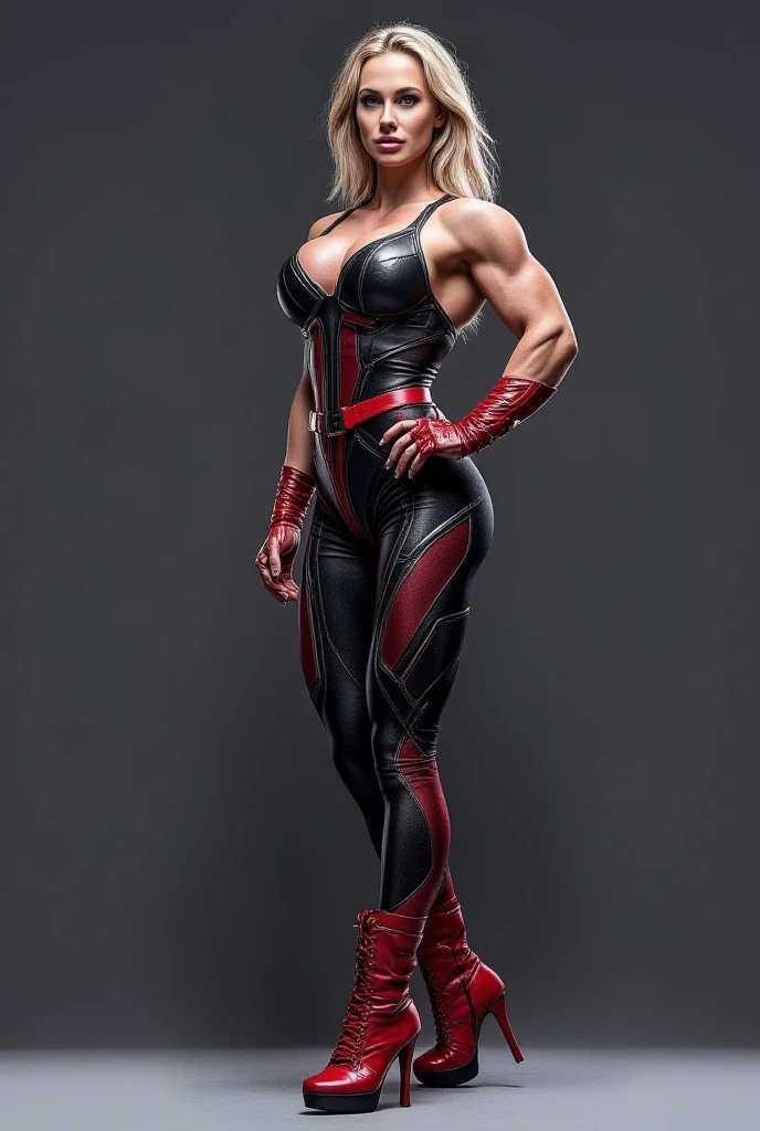 ((best quality)), ((4k)), ((highres)), ((masterpiece:1.2)). ((detailed)), ((ultra realistic)), ((intricate details)), ((full body picture)), ((character design sheet)), ((blank background)), ((standing in a blank background)), a full body shot of a beautiful european female, polish woman, polish beauty, ((emphasis on her fair skin complexion)), ((hazel hair)), pixie haircut, perfect face, gorgeous face, ((vivid hazel eyes)) detailed eyes, detailed lips, ((red lips)), about 5'10 tall, about 25 years old, medium-sized breasts, c cup breasts, athletic body, muscular arms, muscular and feminine, she's dressed in a sleeveless purple jumpsuit with high neck, ((high neck)), ((no cleavage)), white gold boots and white gold gloves, ((white gold boots)), ((white gold gloves))