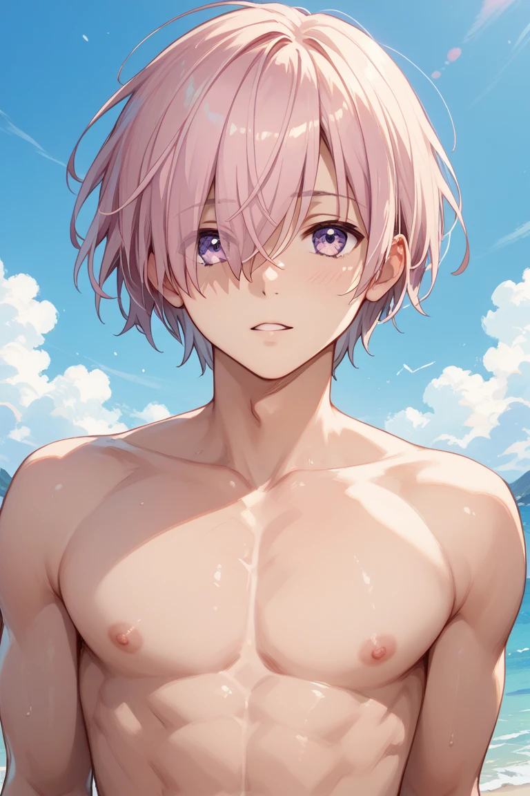 a boy with short pink hair and no clothes, male anime character, anime boy with short hair, anime character, anime best boy, young anime boy, anime visual of a cute boy, dynamic lighting, high resolution, sharp focus, depth of field, detailed eyes, sharp pupils, realistic pupils, beach, sky