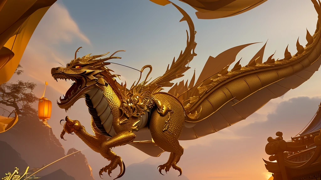 On the table is a statue of a golden dragon with two wings., King Ghidorah, Giant monster dragon monster, Super detailed, Masterpieces by Noriyoshi Ohrai, Super detailedな、high resolution、4K, Superb masterpiece, close - up on detailed, Yoshitaka Amano Photorealistic, Close up high detail,Ruined city in the background、Realistic